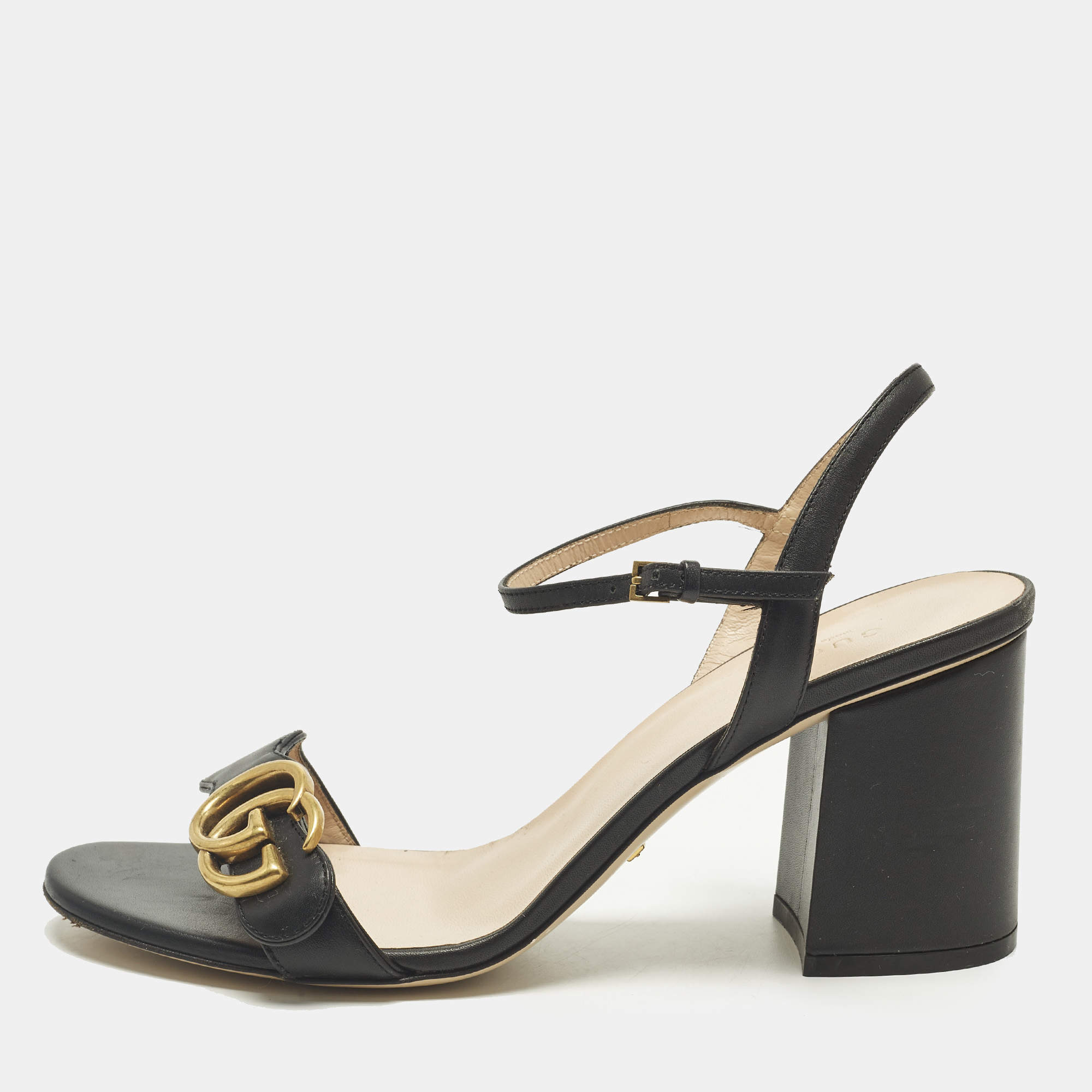 Pre Owned Gucci GG Marmont Size 39 Black Leather Ankle Strap  Sandals