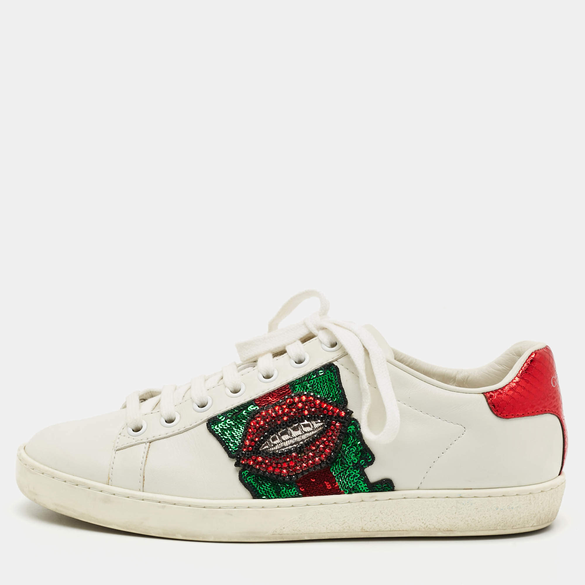 Pre Owned Gucci Ace Size 37 White Leather Python Embossed Web Crystal Lips Lace Up Sneakers