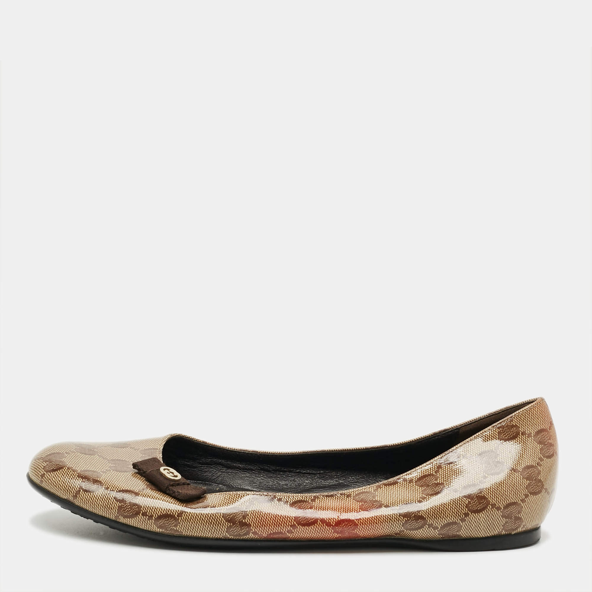 Pre Owned Gucci Hysteria Size 38 Brown Coated Canvas Ballet Flats