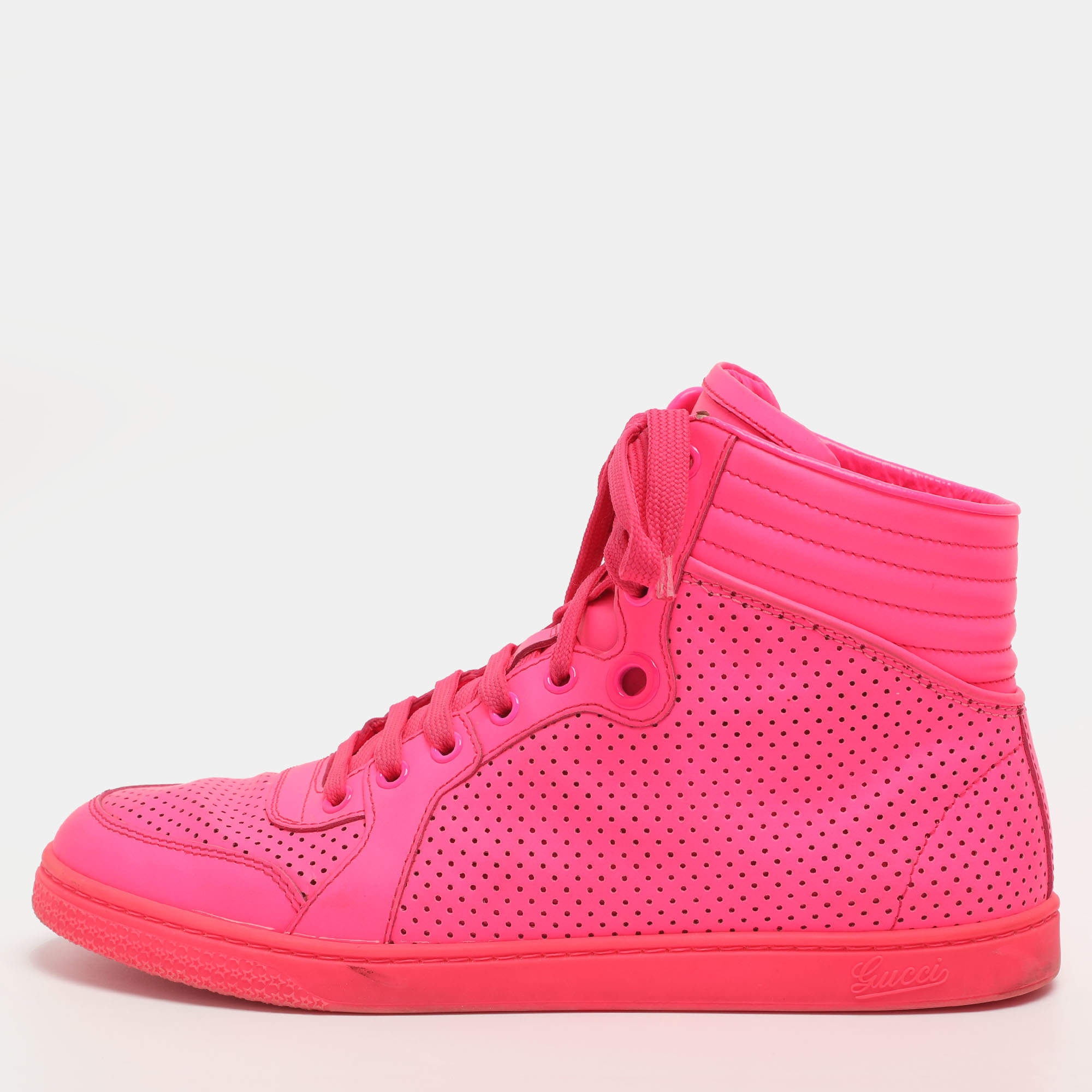 مملوكة مسبقًا Gucci Interlocking G Size 40 Neon Pink Leather High Top Sneakers 