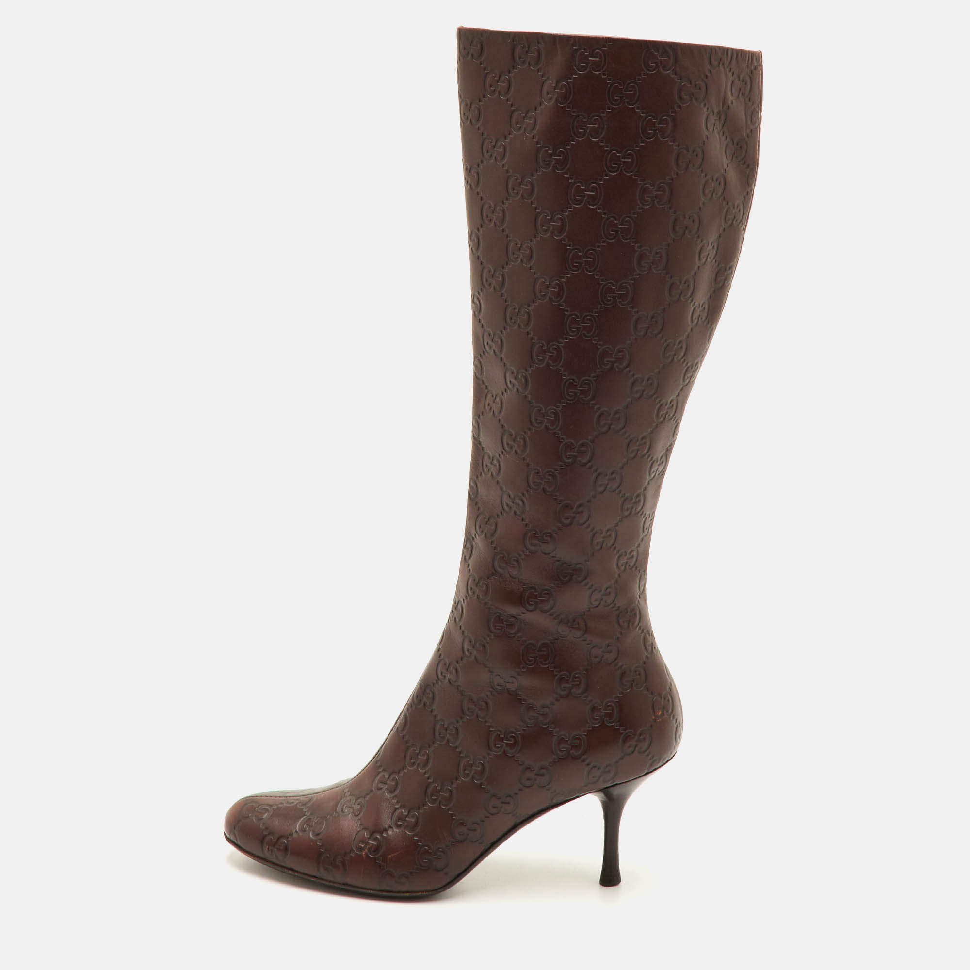 Pre Owned Gucci Size 37 Dark Brown Guccissima Leather Knee Length Boots