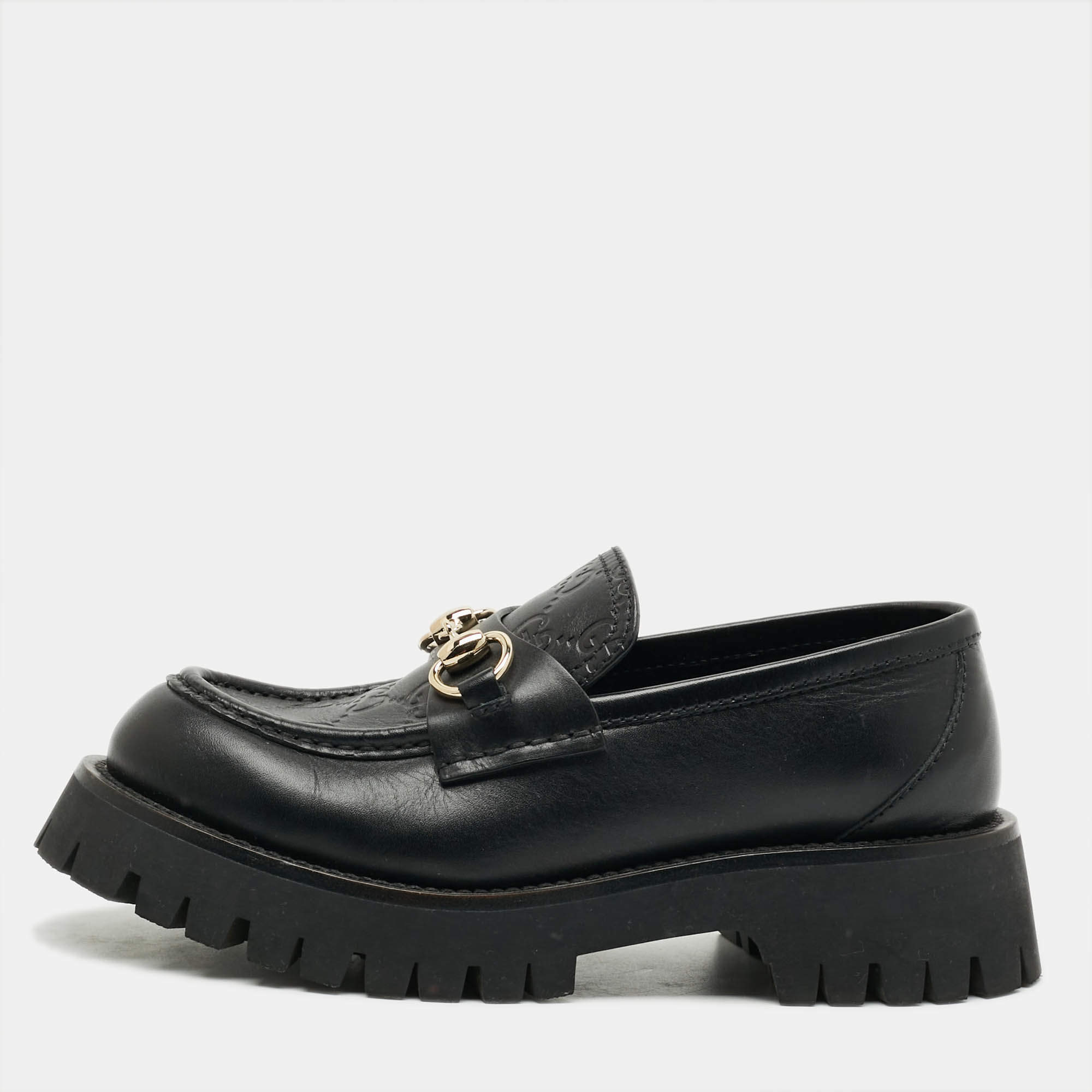 Pre Owned حذاء لوفرز غوتشي هورسبيت جلد GG أسود بلاتفورم مقاس 36.5