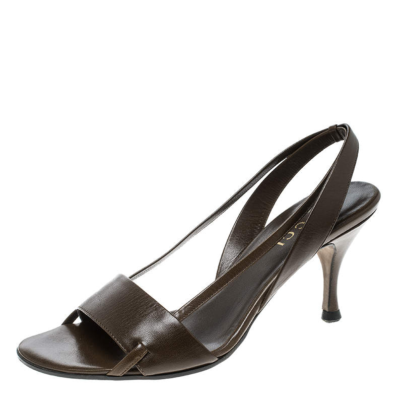 Pre Owned Gucci Brown Leather Open Toe Slingback Sandals Size 35