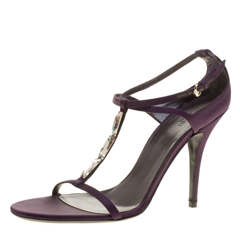 Pre Owned Gucci Purple Satin T-strap Sandals Size 40.5