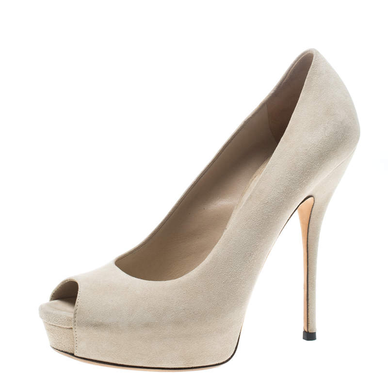 Gucci Beige Suede Sofia Peep Toe Platform Pumps Size 37