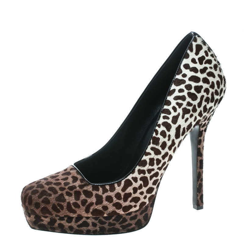 Gucci Brown Leopard Print Degradé Pony Hair Square Toe Platform Pumps Size 38.5