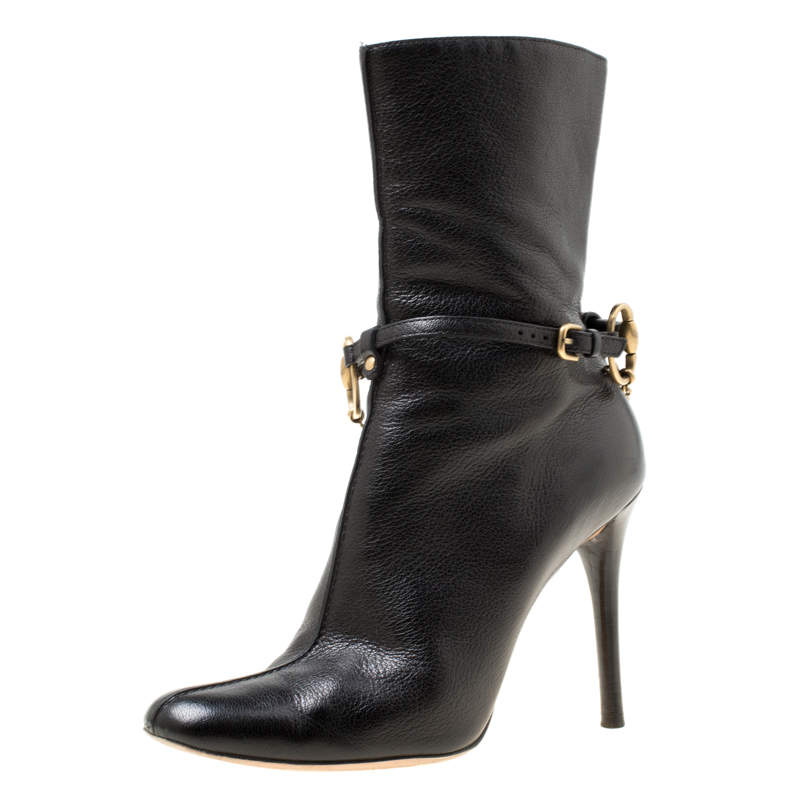 Pre Owned Gucci Black Leather Chain Link Ankle Booties Size 36