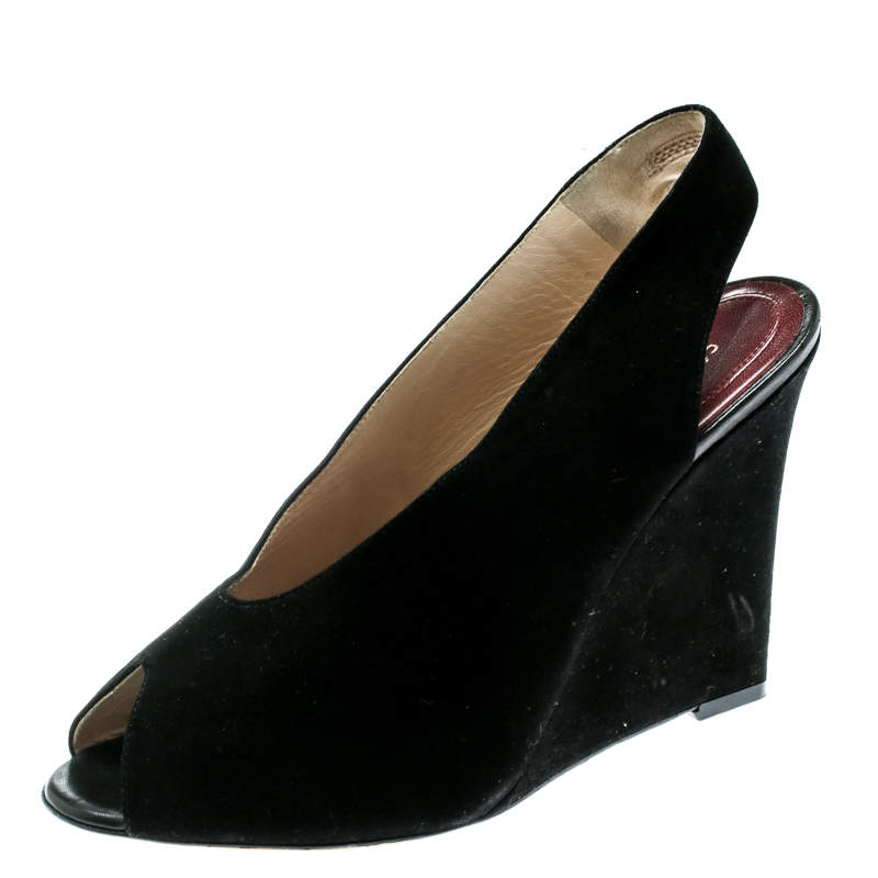 Céline Black Suede Leather Slingback Wedge Sandals Size 37