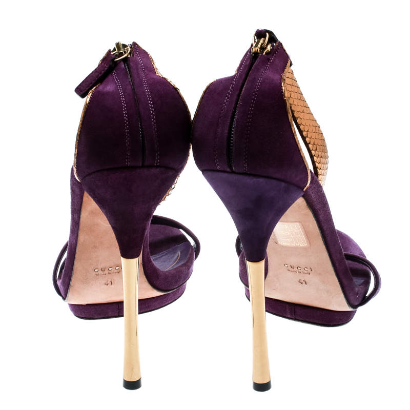 Gucci Purple Python Leather Ankle Strap Platform Sandals Heels Sz38.5