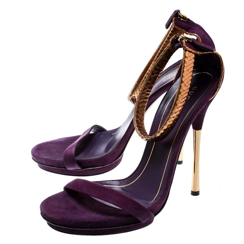 Gucci Purple Python Leather Ankle Strap Platform Sandals Heels Sz38.5