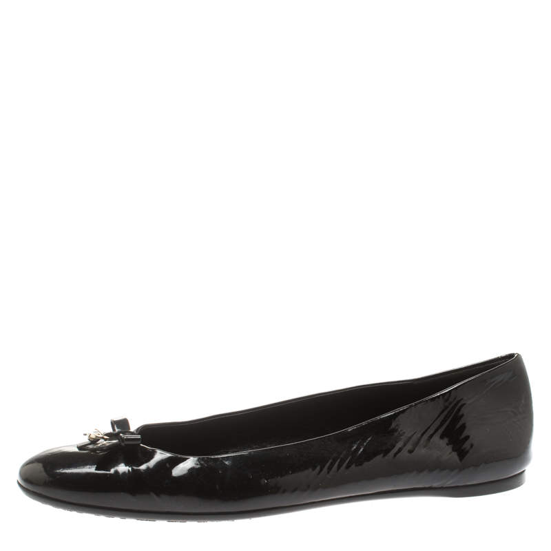 Pre Owned Gucci Black Patent Leather Buckle Bow Detail Ballerina Flat Size 39.5