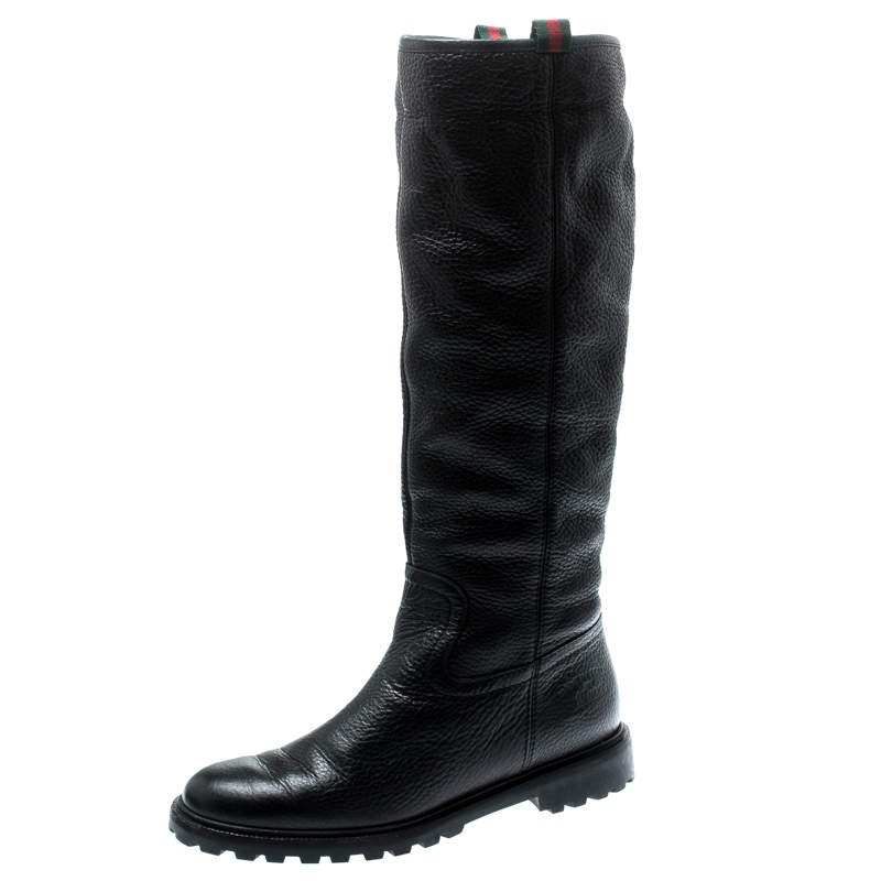 Pre Owned Gucci Black Leather Riding Web Detail Knee Boots Size 38