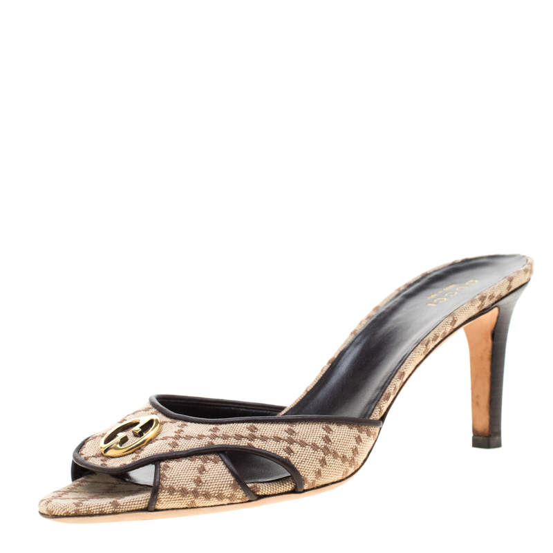 Pre Owned Gucci Beige Diamante Canvas GG Slip On Sandals Size 38