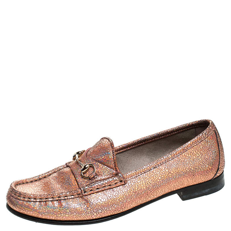 Pre Owned Gucci Metallic Bronze Textured Leather Horsebit Slip On Loafers Size 36.5