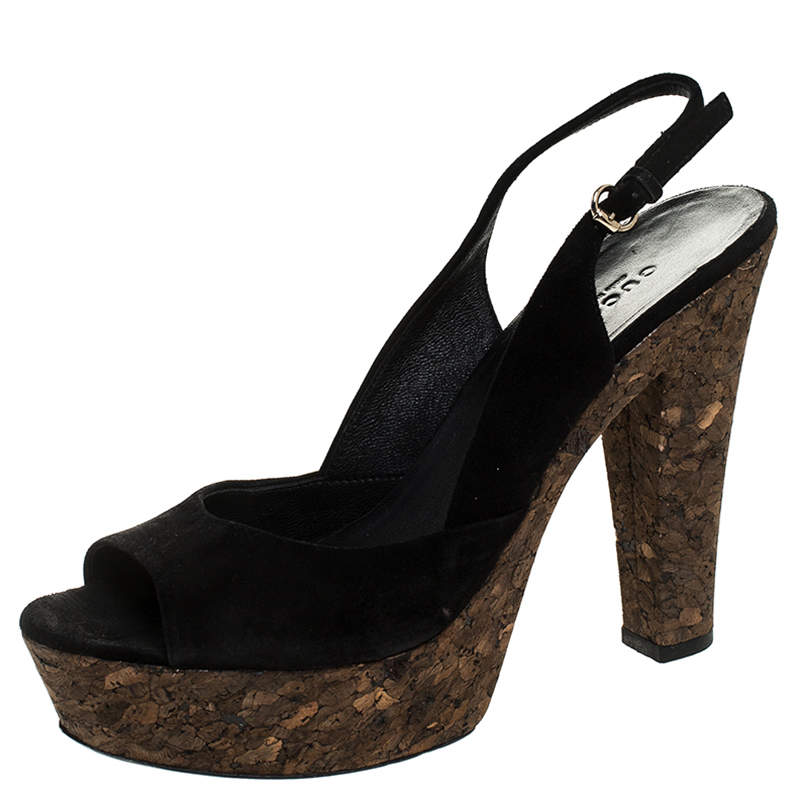 Pre Owned Gucci Black Suede Grease Peep Toe Cork Platform Slingback Sandals Size 38
