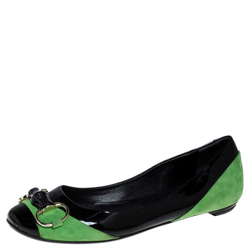Pre Owned Gucci Black/Green Patent Leather And Suede Bamboo Horsebit Ballet Flats Size 36