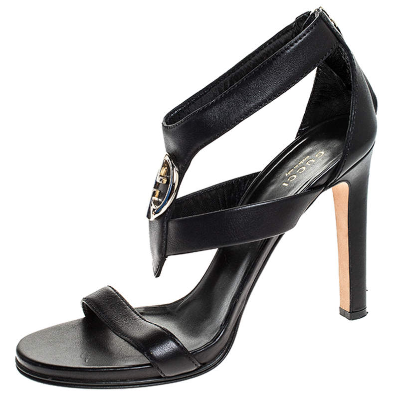 Pre Owned Gucci Black Leather GG Logo Open Toe Sandals Size 39