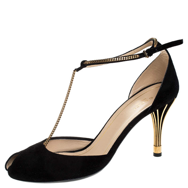 Gucci Black Suede Ophelie Chain Detail Ankle Strap Sandals Size 40