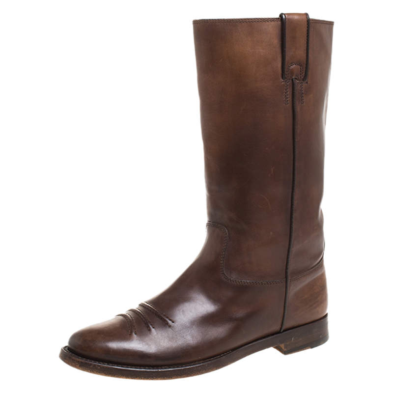 Pre Owned Gucci Brown Leather Mid Calf Round Toe Boots Size 41