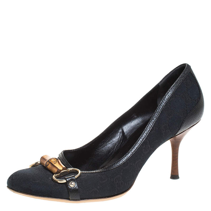 Pre Owned Gucci Black GG Canvas And Leather Trim Bamboo Horsebit Pumps Size 38.5