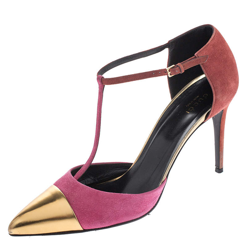 Pre Owned Gucci Tri Color Suede and Leather Cap Toe Coline T-Strap Pumps Size 41