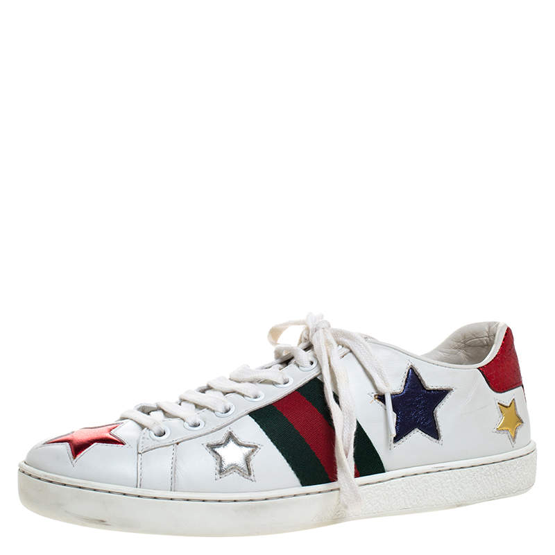 حذاء رياضي غوتشي "أيس" مزين نجوم ميتاليك و بطراز منخفض من أعلى جلد أبيض مقاس 36.5