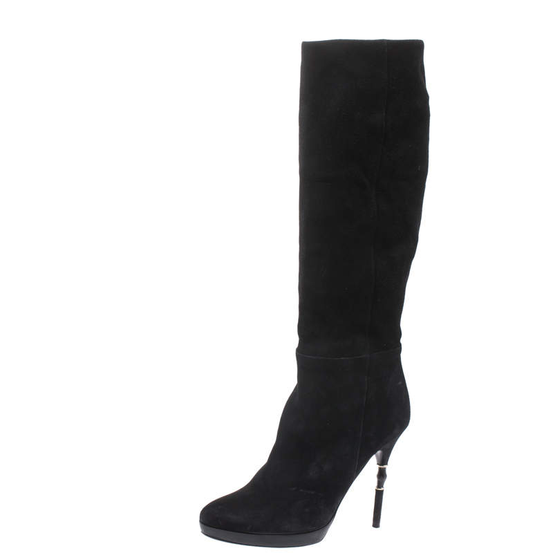 Gucci Black Suede & Bamboo Bit Heel Knee High Boots Size 37.5