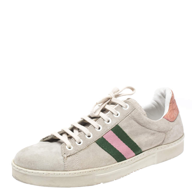 Pre Owned Gucci Grey Suede And Pink Croc Trim Web Detail Sneakers Size 37.5