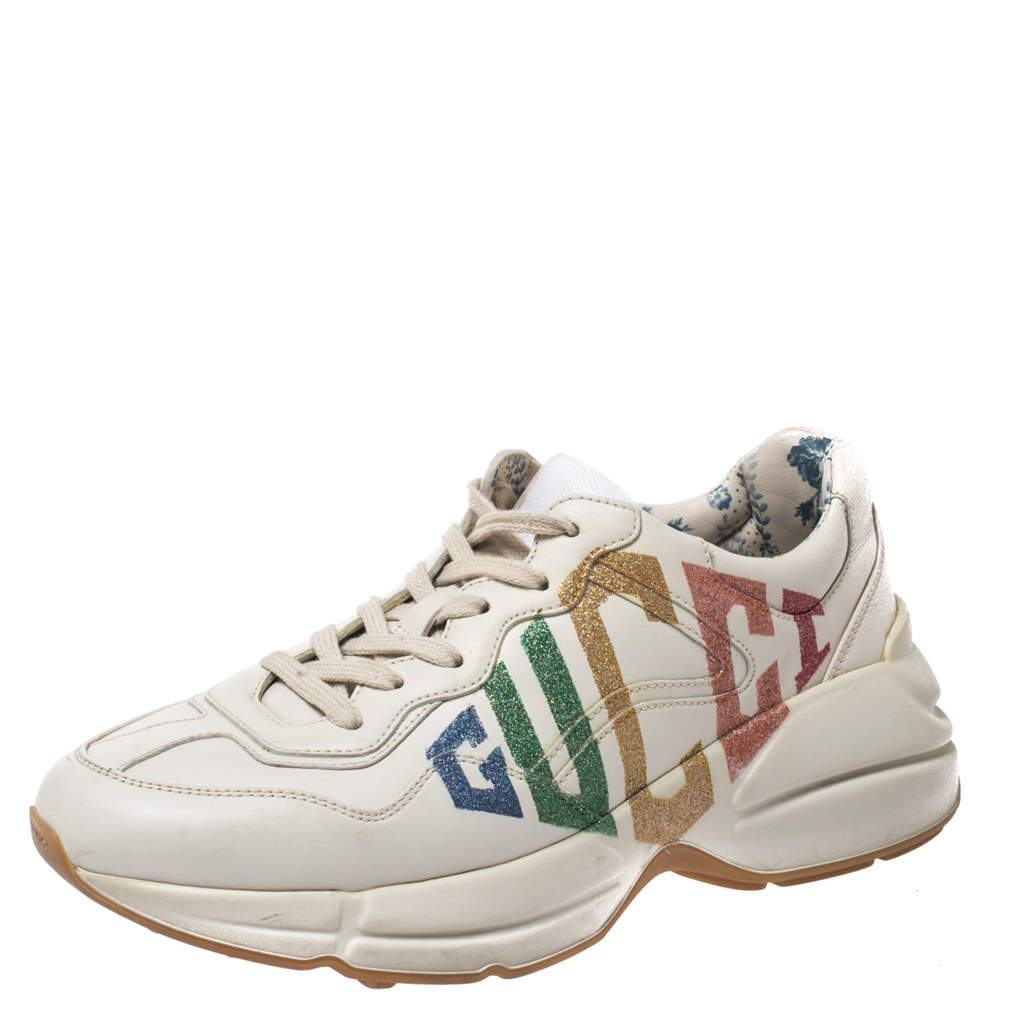 Pre Owned Gucci White Leather Glitter Rhyton Lace Up Sneakers Size 37.5