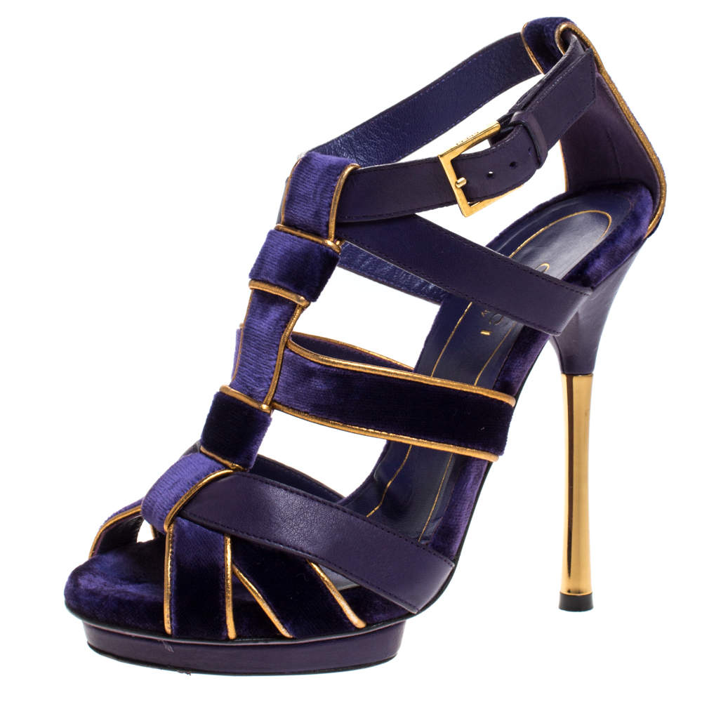 Gucci Purple Velvet And Leather Malika Strappy Sandals Size 34.5