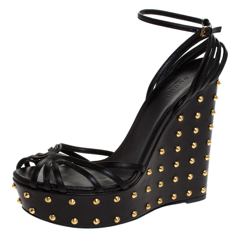 Pre Owned Gucci Black Leather Studded Wedge Ankle Strap Sandals Size 40