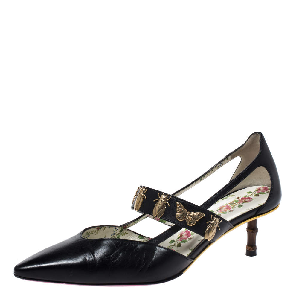 Gucci Black Leather Bee And Butterfly Embellishment Pointed Toe Pumps Size 38