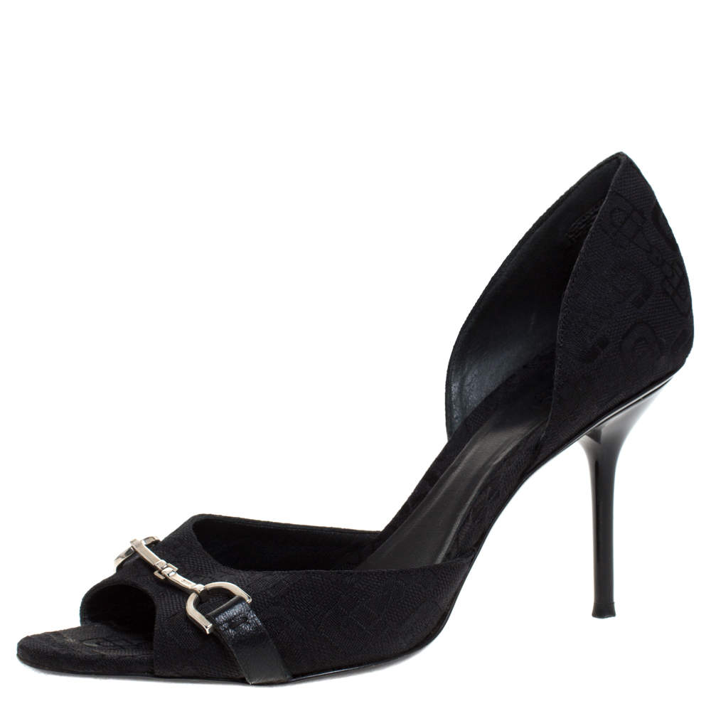 Pre Owned Gucci Black Canvas Horsebit D'Orsay Peep Toe Pumps Size 38