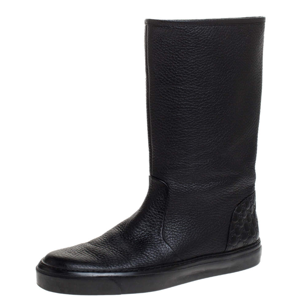 Pre Owned Gucci Black Microguccissima Leather Mid Calf Rain Boots Size 38