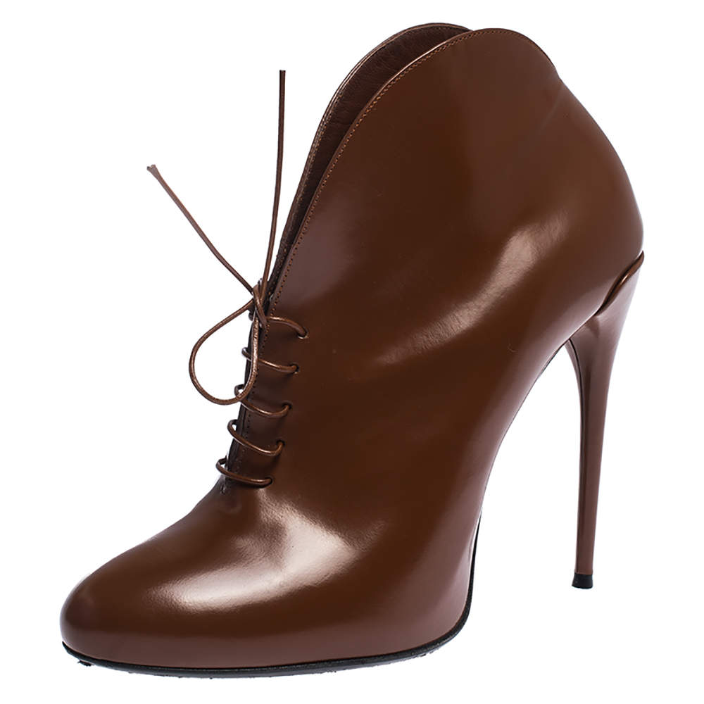 Pre Owned Gucci Brown Leather Kim Lace Up Ankle Booties Size 38