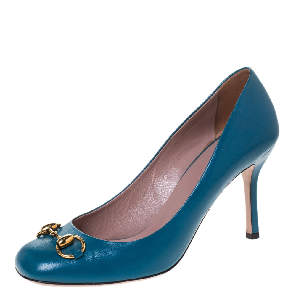 Pre Owned Gucci Turquoise Leather Horsebit Pumps Size 39.5
