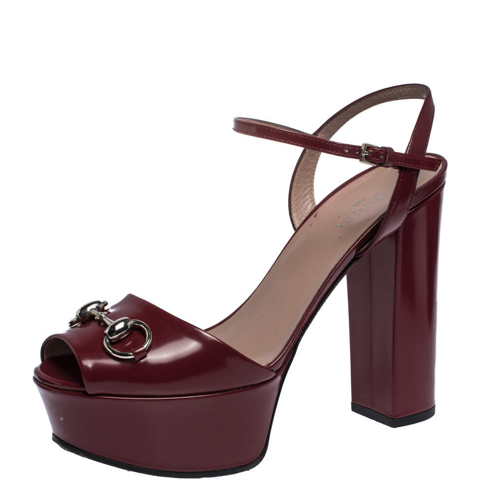 Gucci Burgundy Leather Claudie Horsebit Peep Toe Platform Sandals Size 38.5