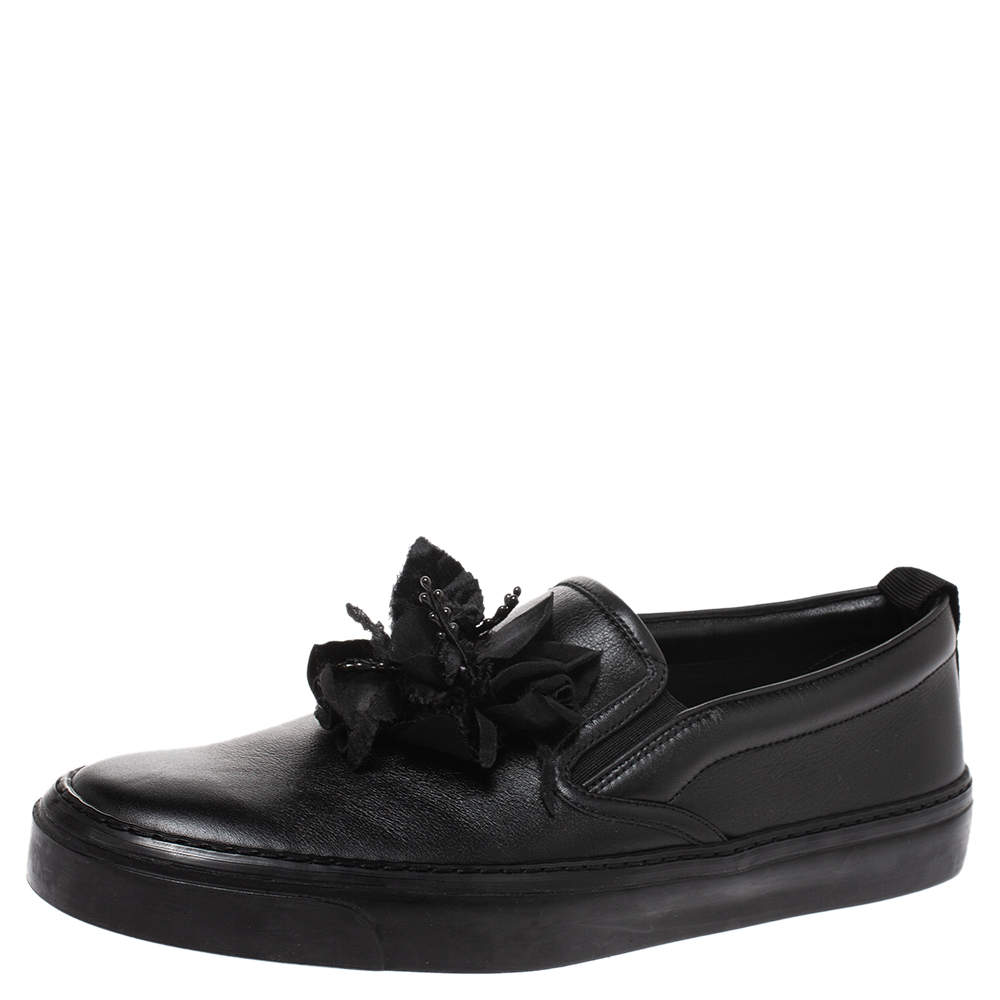 Pre Owned Gucci Black Leather Black Fabric Rose Embellished Slip On Sneakers Size 38.5