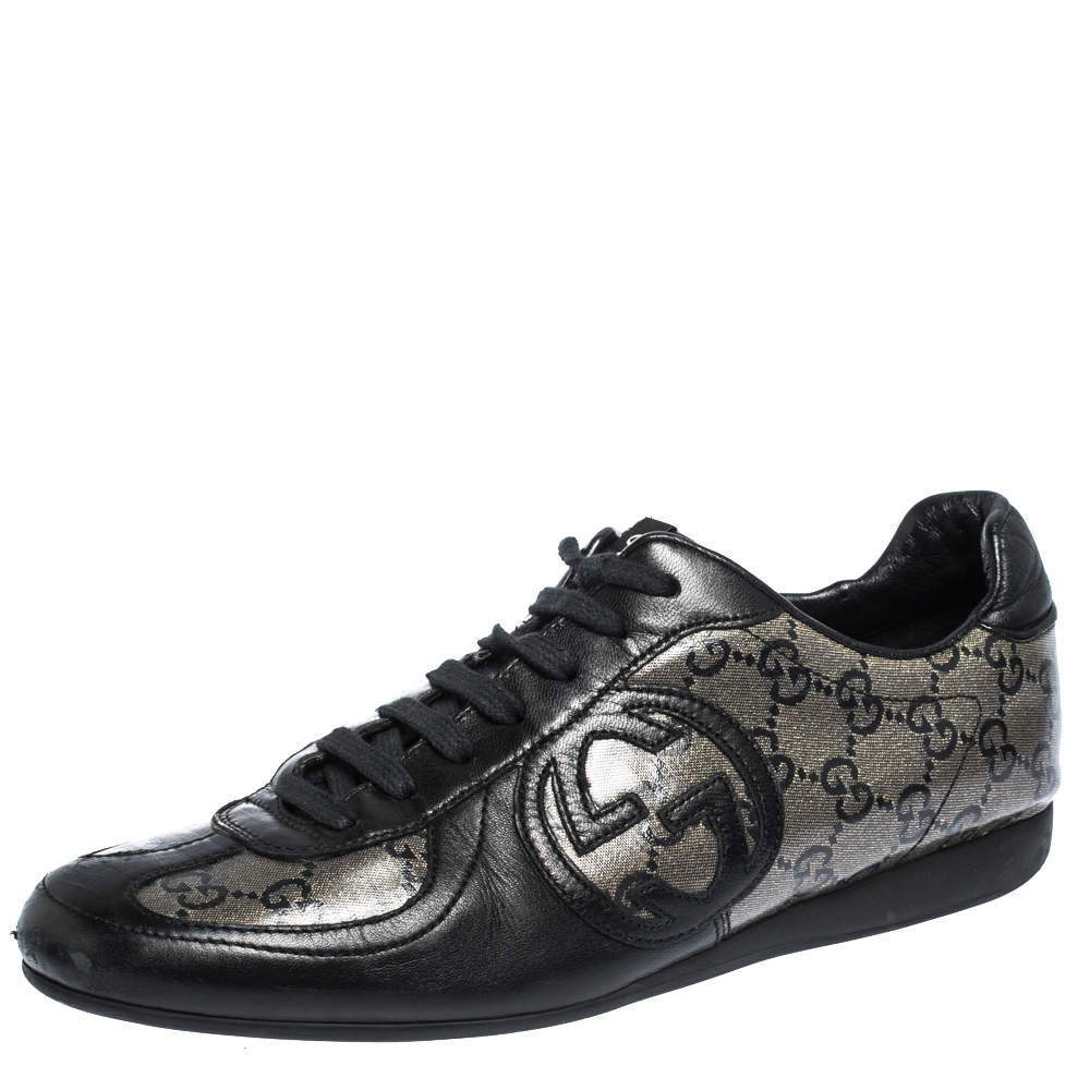 Pre Owned حذاء رياضي غوتشي منخفض من أعلى كانفاس غليتر مقوى حرفي الشعار جي جي بيج/ أسود مقاس 37.5 