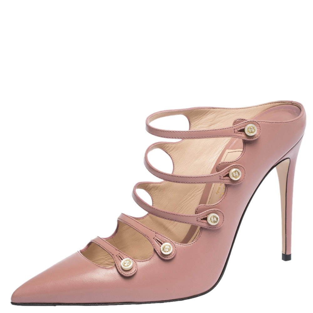 مملوكة مسبقًا Gucci Pink Leather Aneta Strappy Pointed Toe Mules Size 38