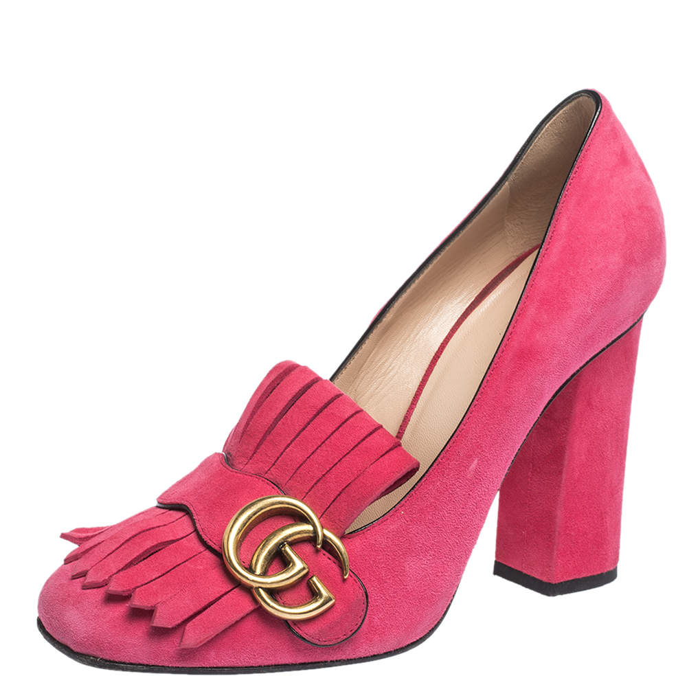 Gucci Pink Suede Leather GG Marmont Fringe Detail Block Heel Pumps Size 38