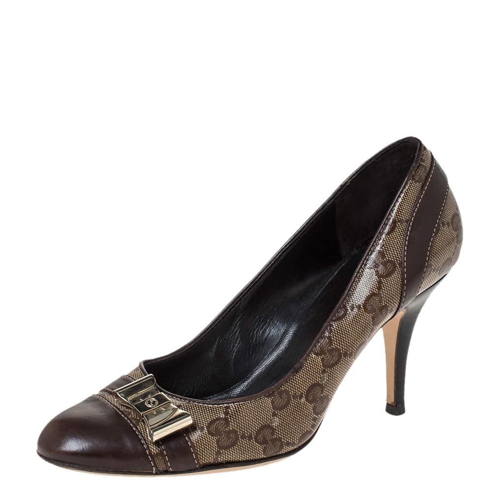 Gucci Brown GG Canvas And Leather Bow Cap Toe Pumps Size 36.5