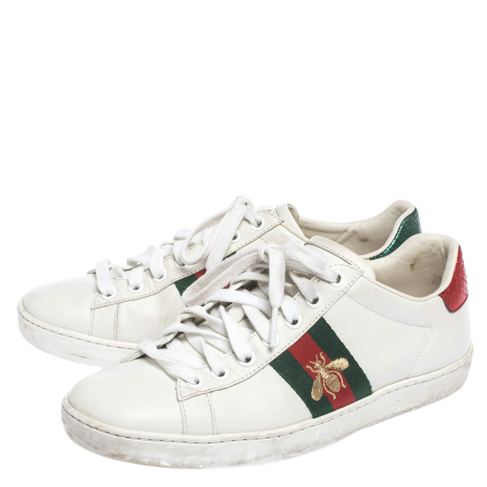 Gucci White Leather Ace Embroidered Bee 