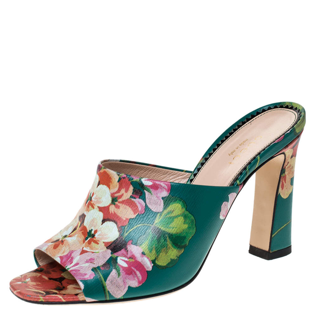 Gucci Multicolor Bloom Print Leather Shanghai Open Mules Size 36