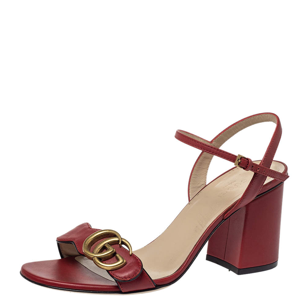 Gucci Red Leather Marmont Block Heel Ankle Strap Sandals Size 38