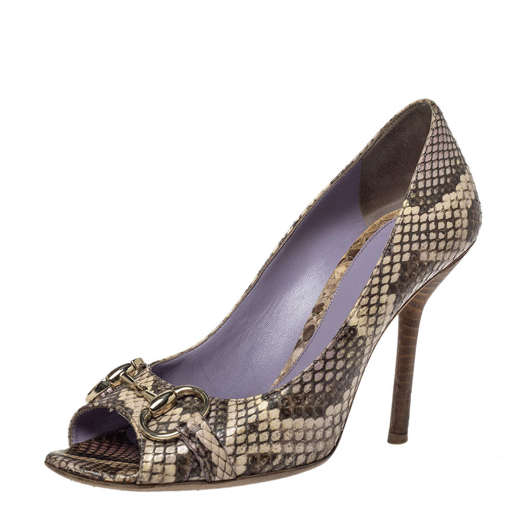 Pre Owned Gucci Beige/Brown Python Leather Horsebit Peep Toe Pumps Size 38