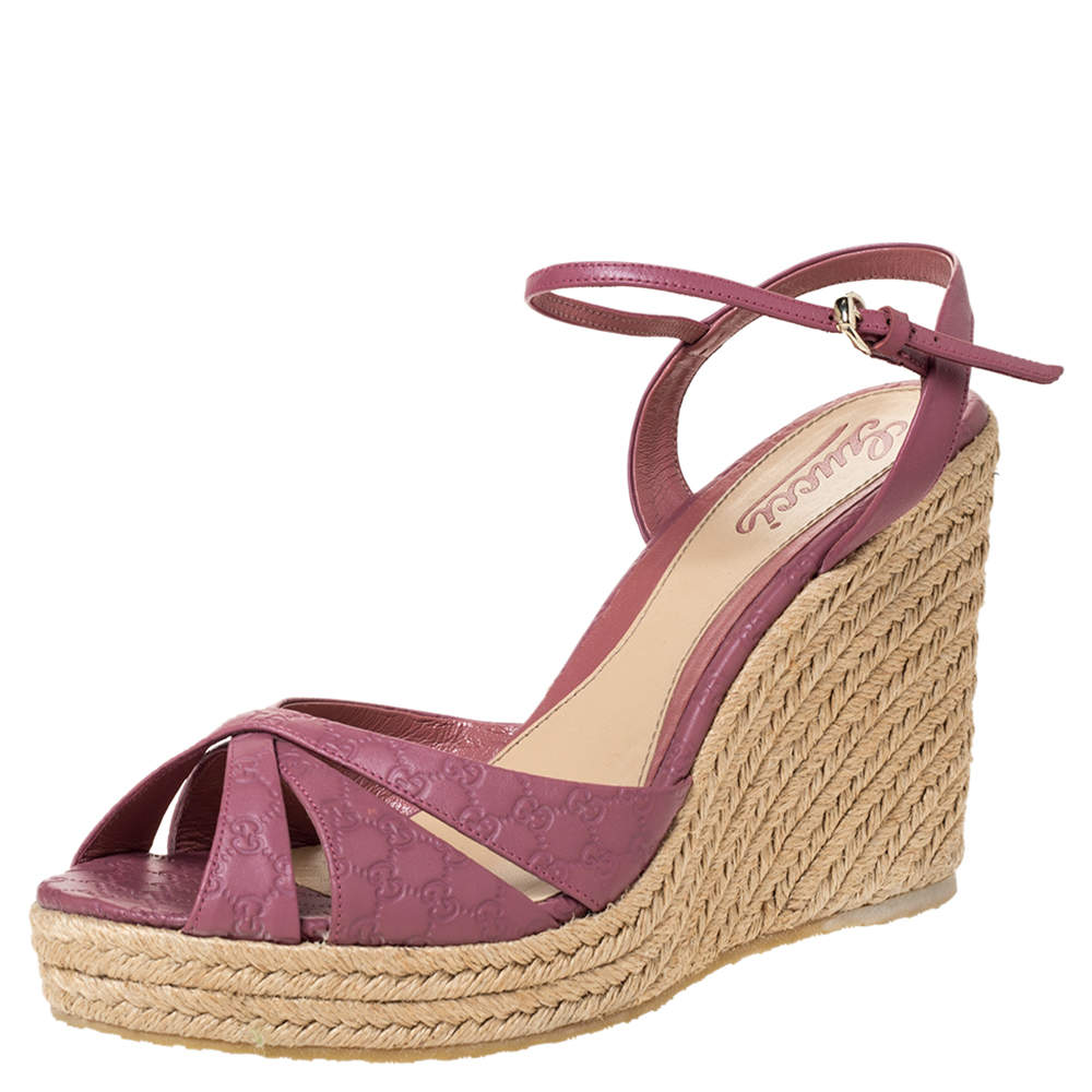 Gucci Pink Guccissima Leather Espadrille Wedge Platform Ankle Strap ...