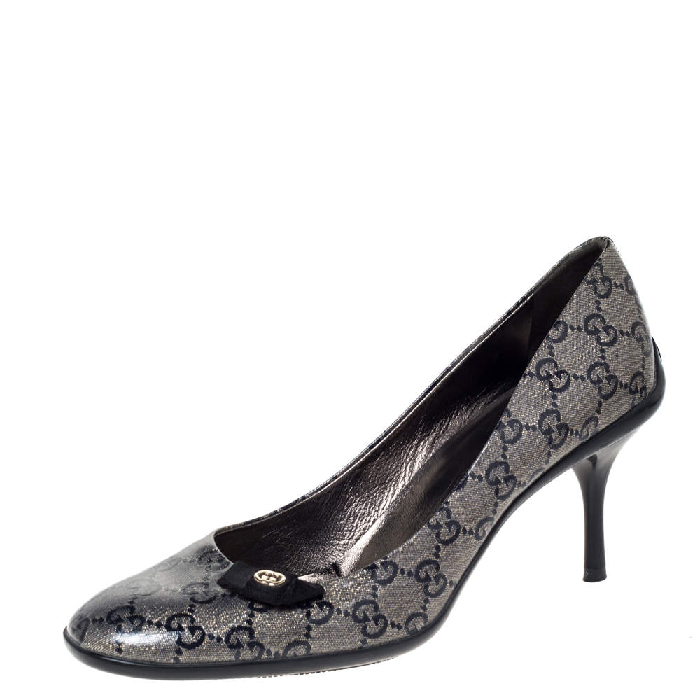 Pre Owned Gucci Metallic GG Crystal Canvas Bow Pumps Size 40