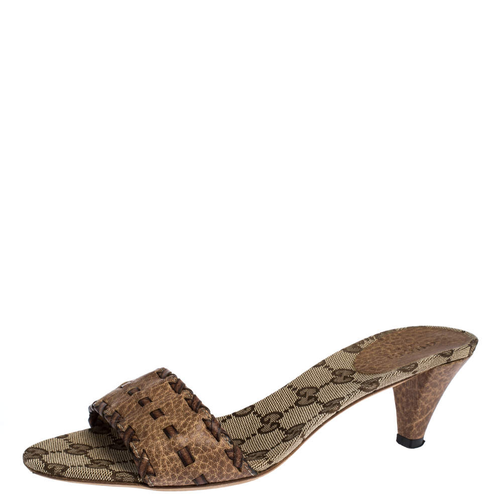 Pre Owned Gucci Brown Leather GG Open Toe Slide Sandals Size 37.5