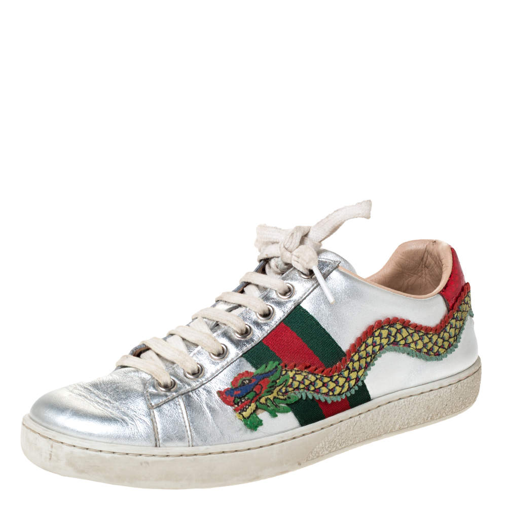 Feje Aflede Skriv email Gucci Metallic Silver Leather Web Ace Dragon Lace Up Sneakers Size 36 Gucci  | TLC